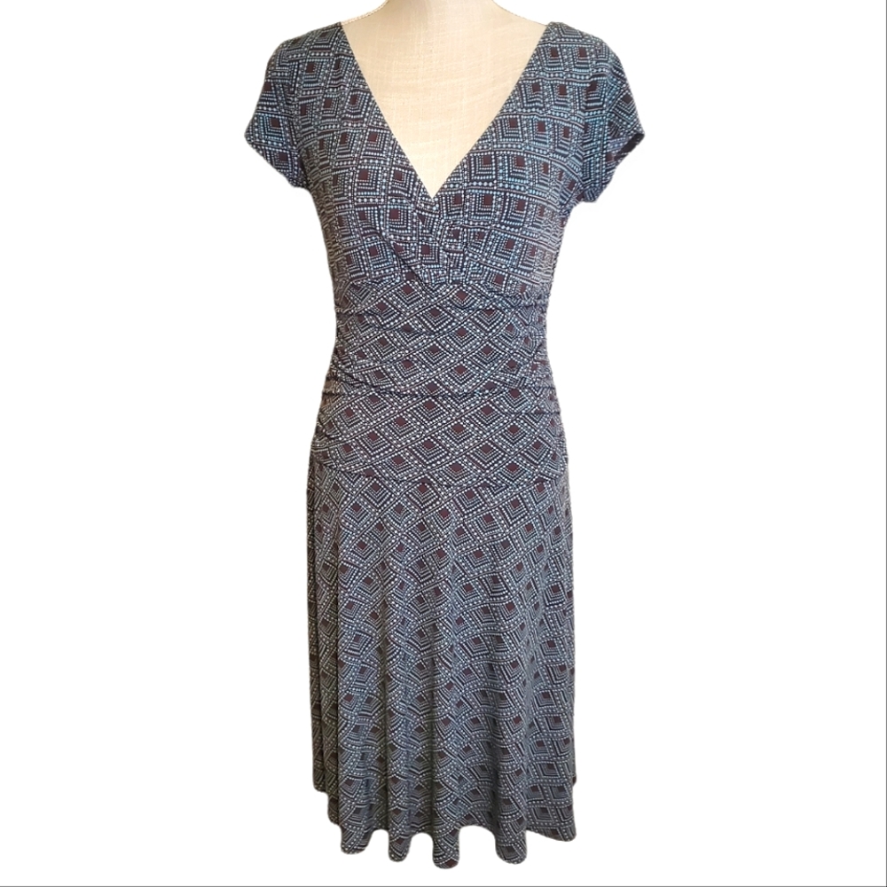 LONDON STYLE | Women's blue and brown geometric-pattern sheath dress. Size 8.